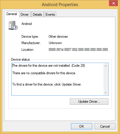 Android Properties - No Driver