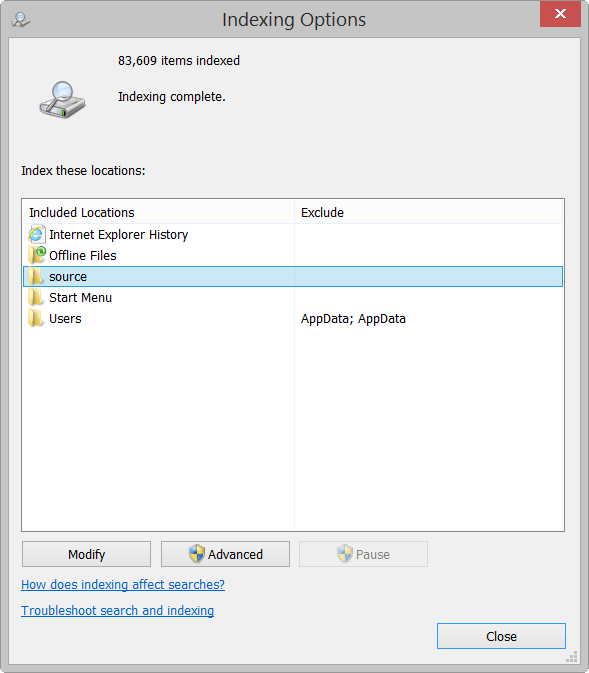 Windows Search Indexing Options