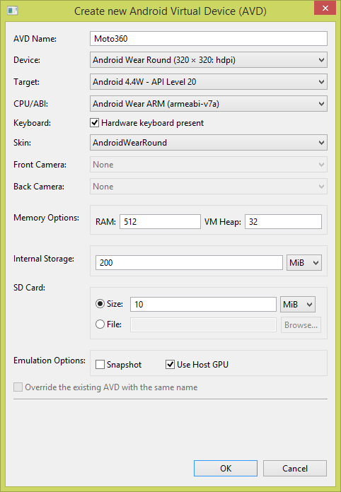 Android Wear AVD Settings