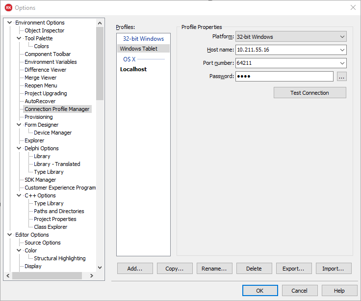 RAD Studio Connection Profile Manager
