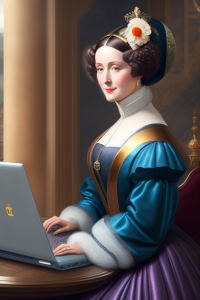 Lady Ada Lovelace using a modern day laptop